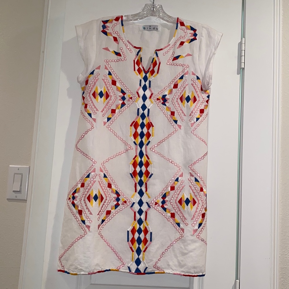 Bindu White linen embroidered mini dress